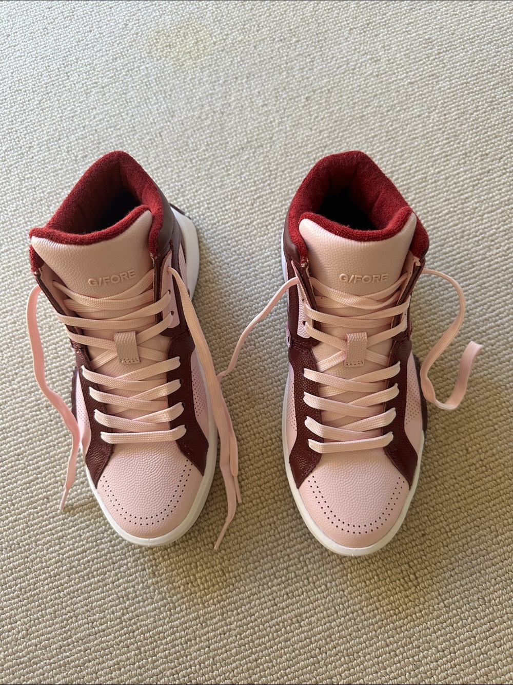 G/FORE Pink and Burgundy High-Top Sneakers for golf. 8.5
